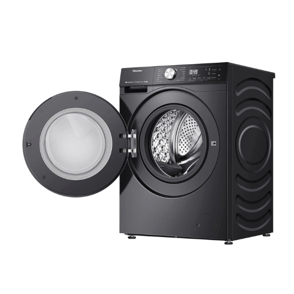Hisense black 12kg washer and 8kg dryer, front view