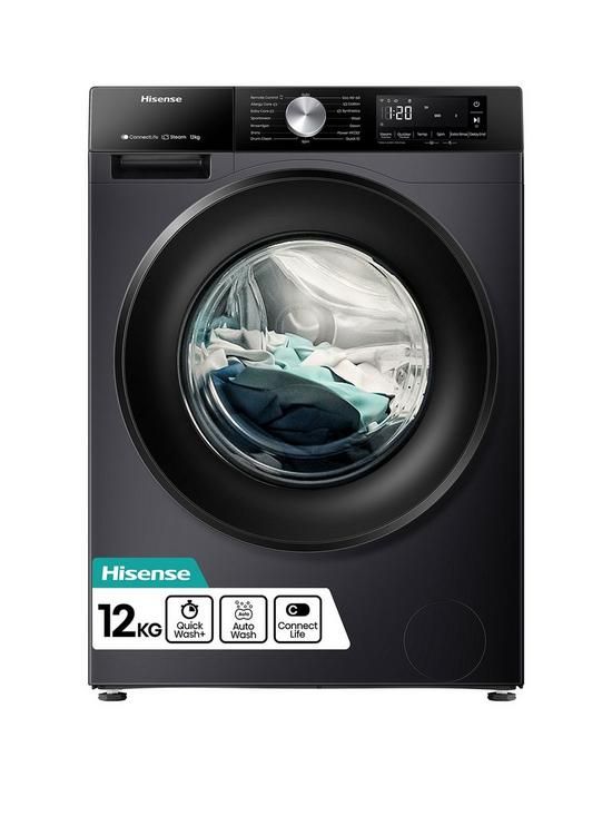 White Hisense 12kg front-load washer showing Quick Wash, Auto Wash, ConnectLife and Steam features
