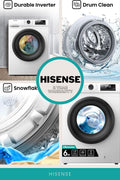 Hisense 6kg washing machine showing Drum Clean, Durable Inverter and advertised 2-year warranty