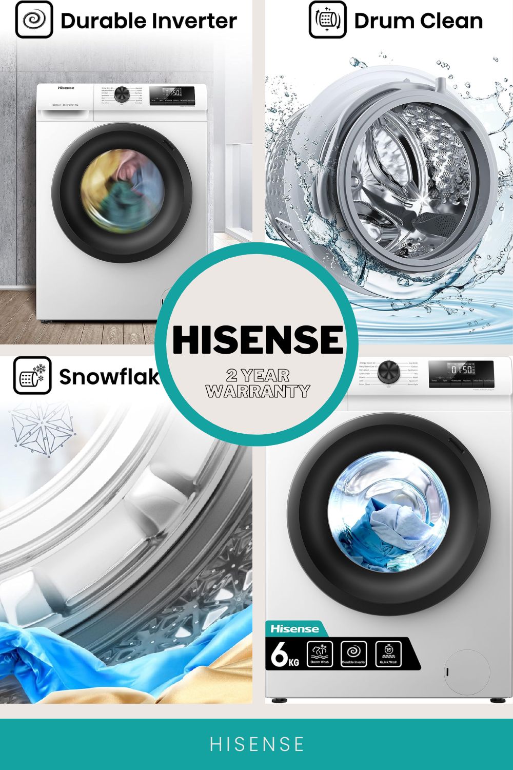 Hisense 6kg washing machine showing Drum Clean, Durable Inverter and advertised 2-year warranty