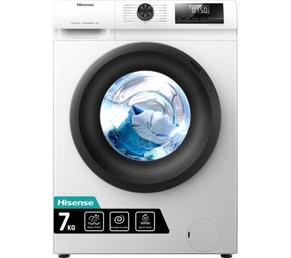 Hisense 7kg washer feature image highlighting Steam Wash, Durable Inverter and 15-minute Quick Wash