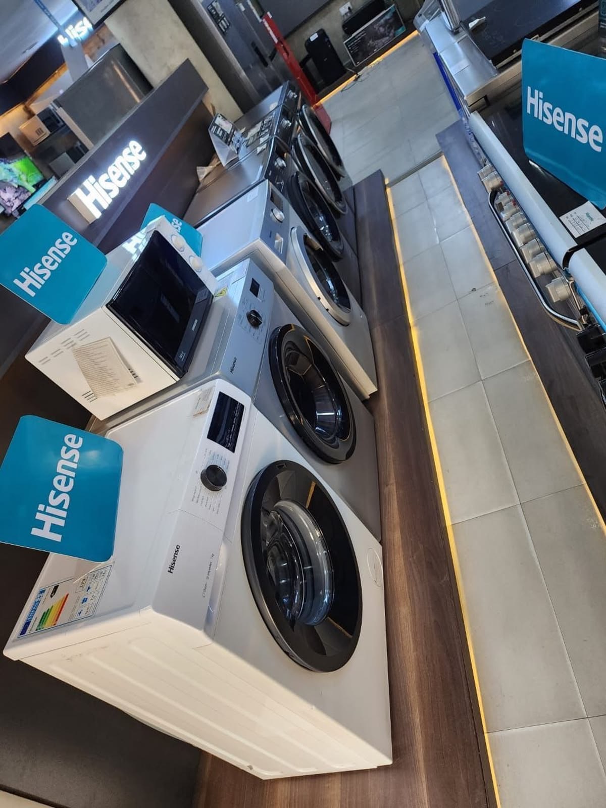 Hisense washing machines displayed in a showroom