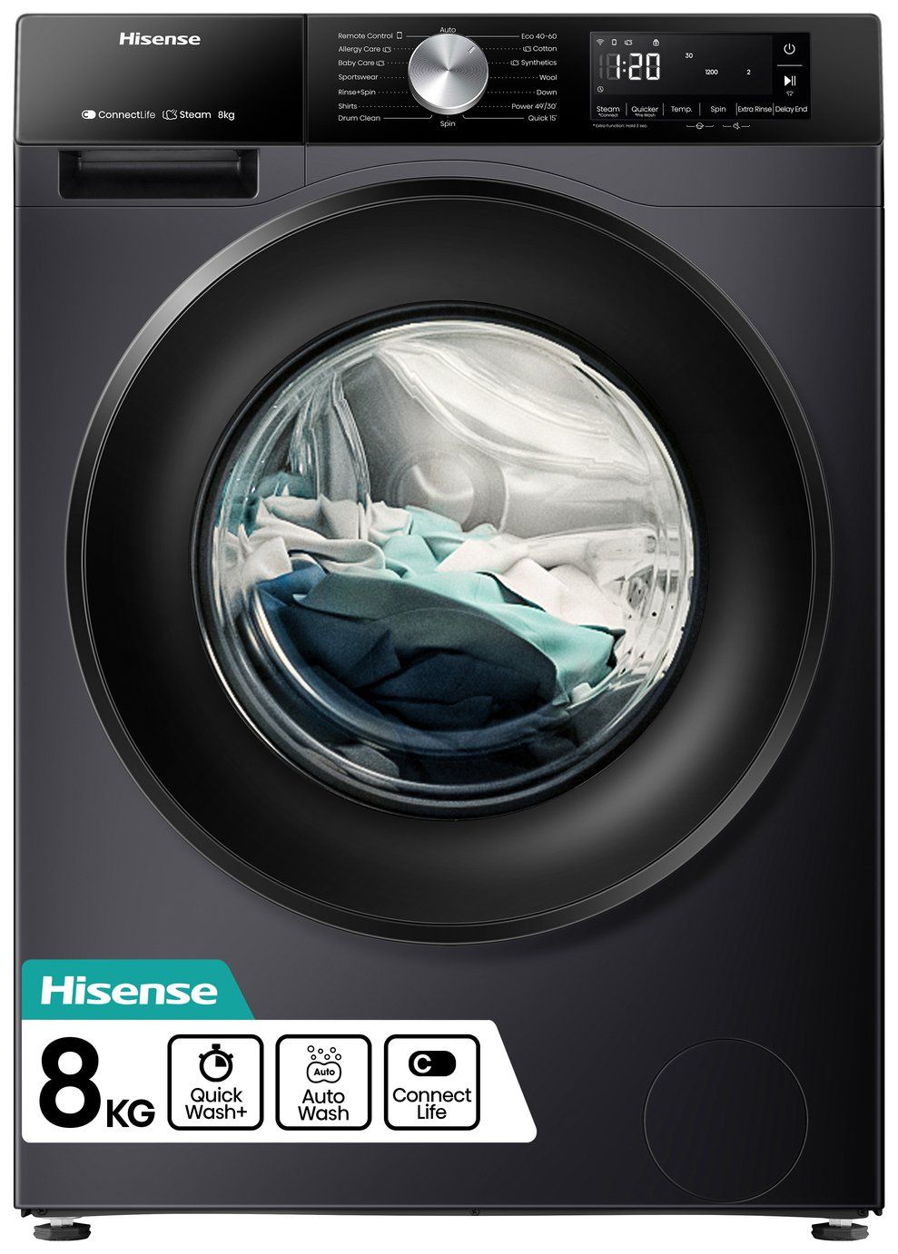 Black Hisense 8kg front-load washing machine with Quick Wash, Auto Wash and ConnectLife features