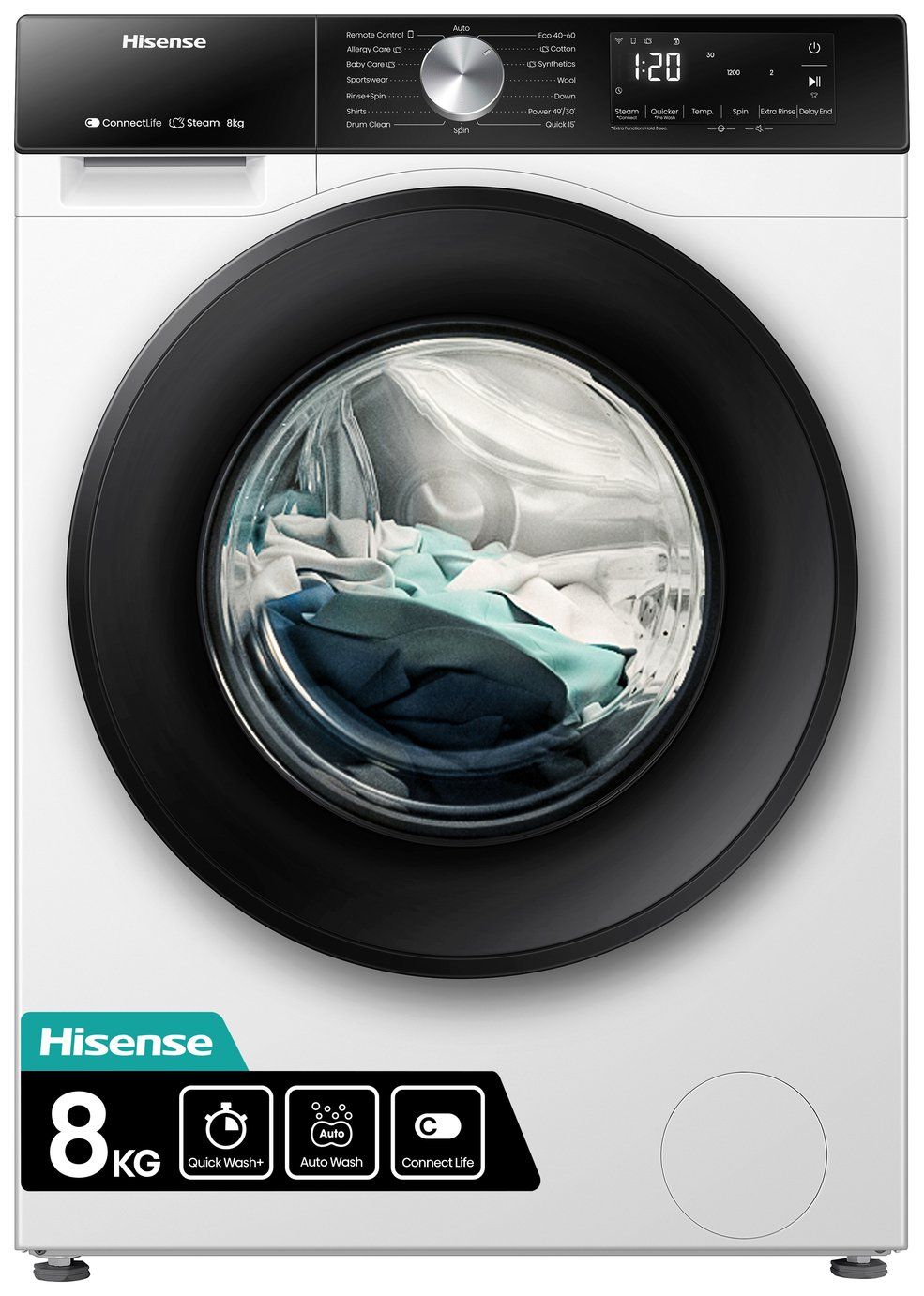 White Hisense 8kg front-load washing machine with Quick Wash, Auto Wash and ConnectLife features