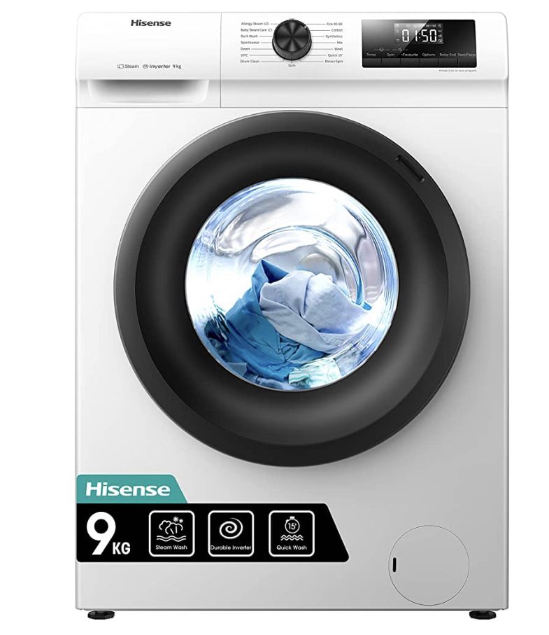 White Hisense 9kg front-load washer showing Steam Wash, Durable Inverter and Quick Wash features