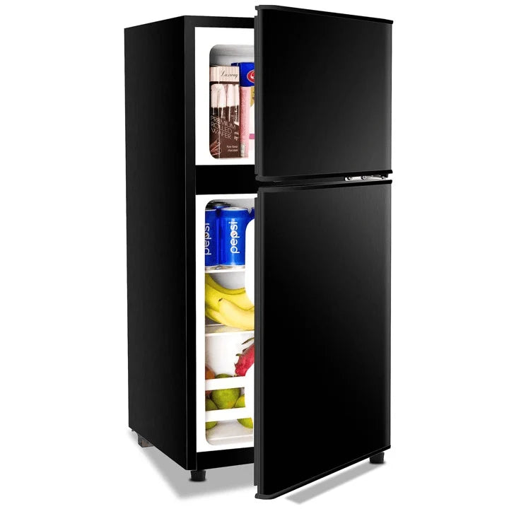 Silver double-door top freezer refrigerator shown closed and partly open