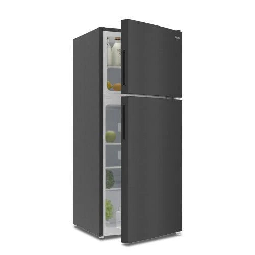 Dark CHiQ double-door top freezer refrigerator with doors partly open