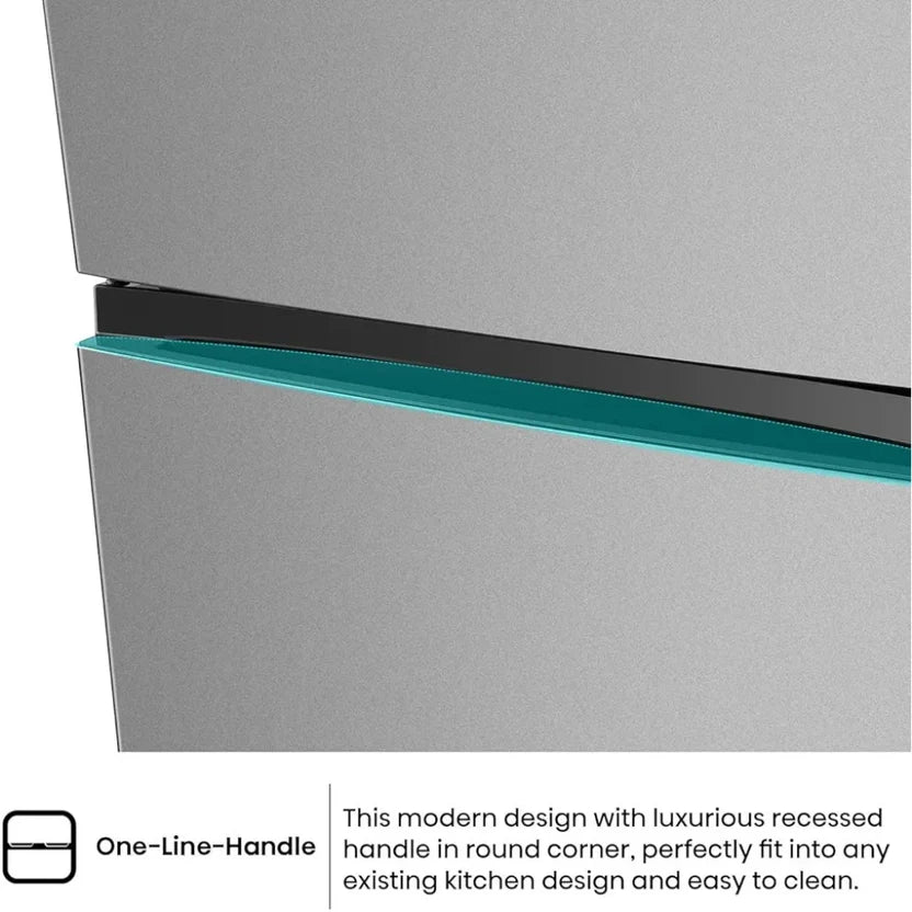 Open Hisense top-freezer refrigerator showing shelves and storage compartments