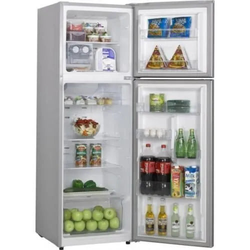 Close-up of silver refrigerator recessed handle design