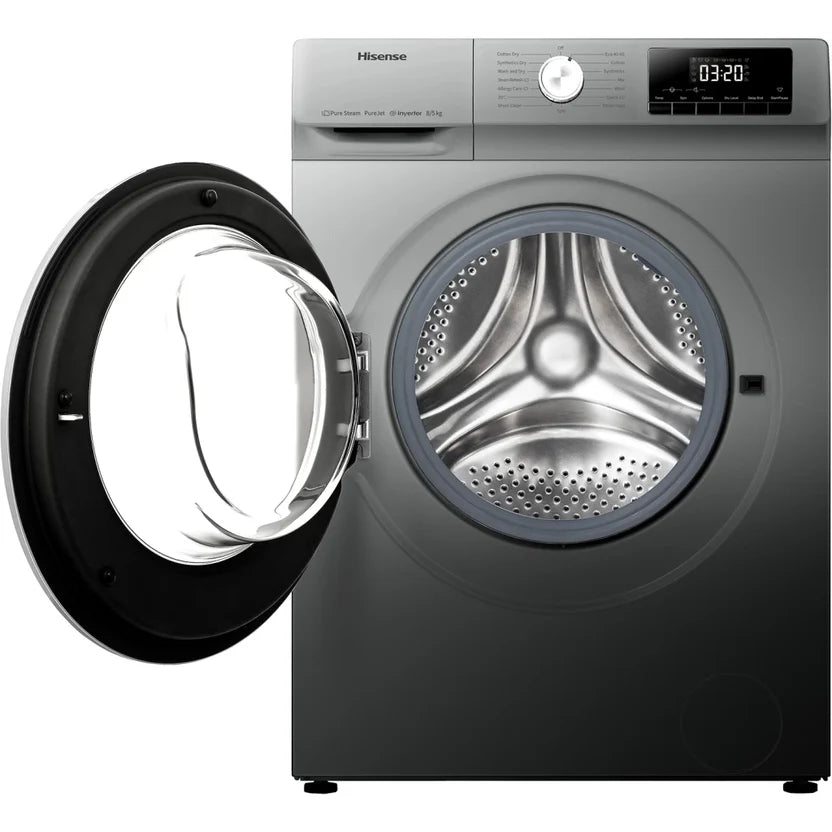 Grey Hisense front-load washer-dryer shown with the door open