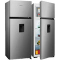 Silver Hisense double-door refrigerator with front water dispenser