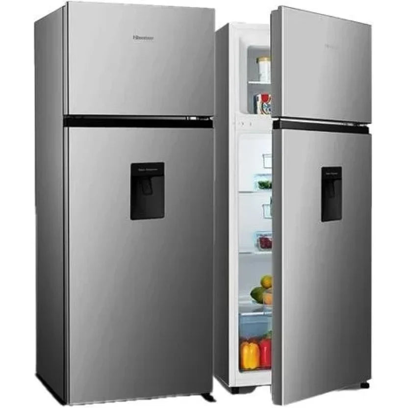 Silver Hisense double-door refrigerator with front water dispenser