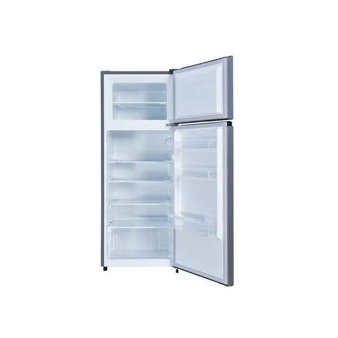 Silver Hisense top-mount refrigerator with freezer and fridge doors open