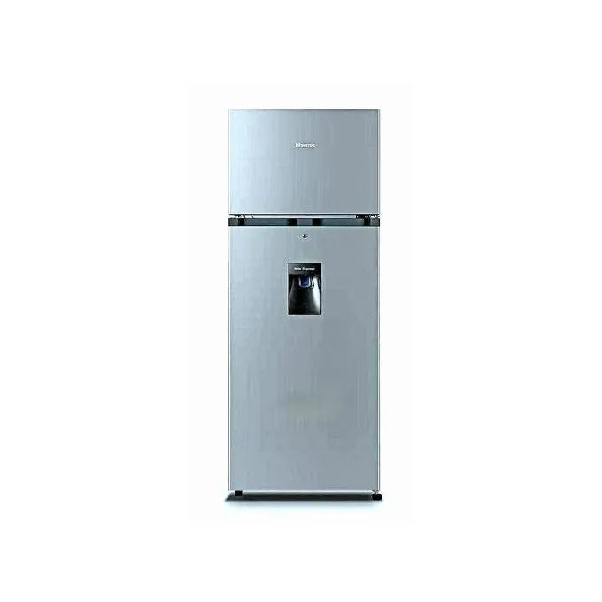 Silver Hisense double-door refrigerator with water dispenser, closed and open views