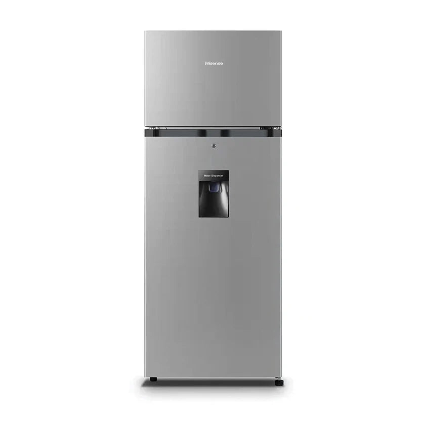 Silver Hisense top-mount refrigerator with external water dispenser, front view