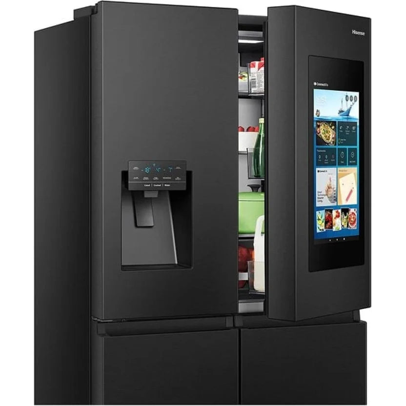 Black Hisense smart refrigerator with top door ajar showing interior and touchscreen