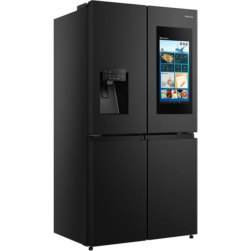 Hisense multi-door refrigerator with doors open showing shelves, drawers and ice maker