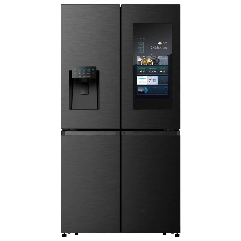 Black Hisense multi-door refrigerator seen from left side with smart display
