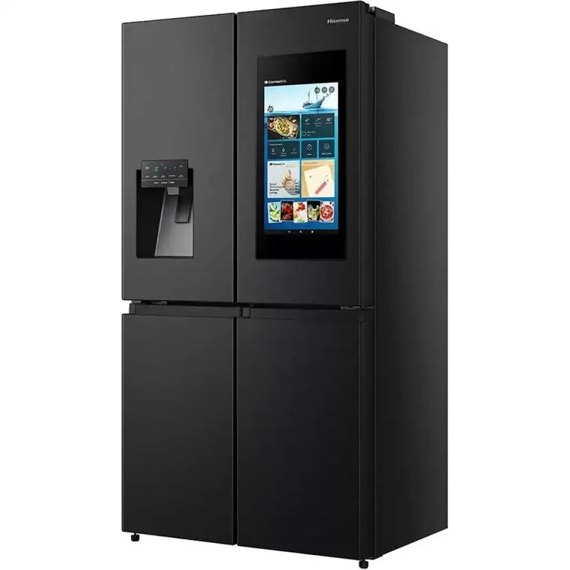 Black Hisense smart multi-door refrigerator viewed from right side