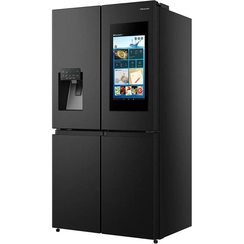 Front view of black Hisense multi-door smart refrigerator with touchscreen and dispenser