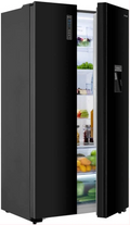 Black Hisense side-by-side refrigerator with water dispenser and one door open