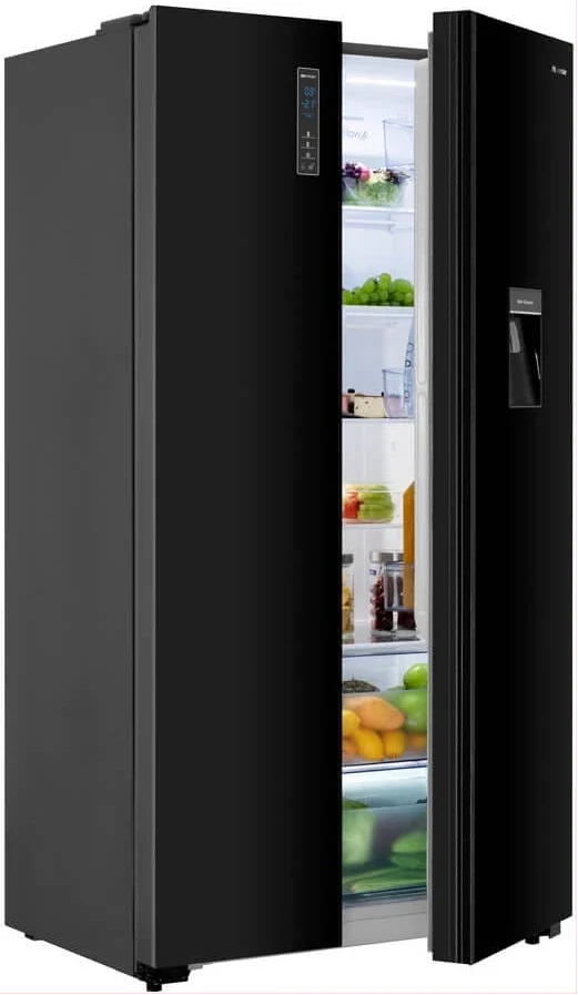 Black Hisense side-by-side refrigerator with water dispenser and one door open