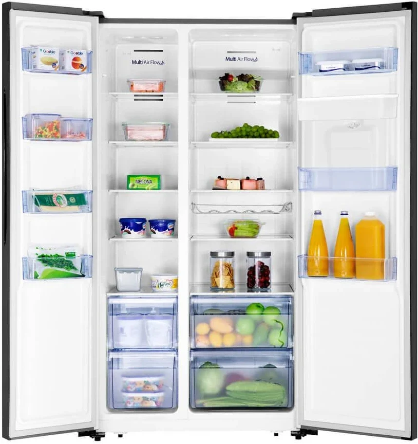 Side-by-side refrigerator with open doors showing shelves and drawers