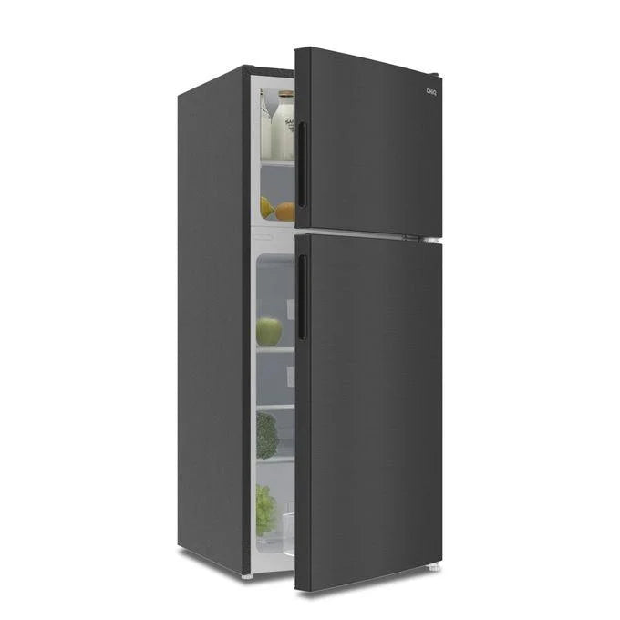 Black compact top freezer refrigerator with doors partly open and stocked shelves
