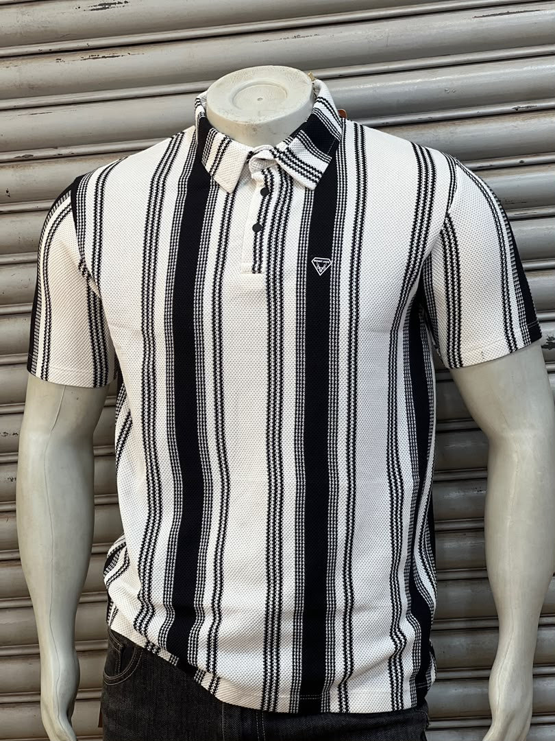 Men's Striped Polo Shirt - White with Green stripe