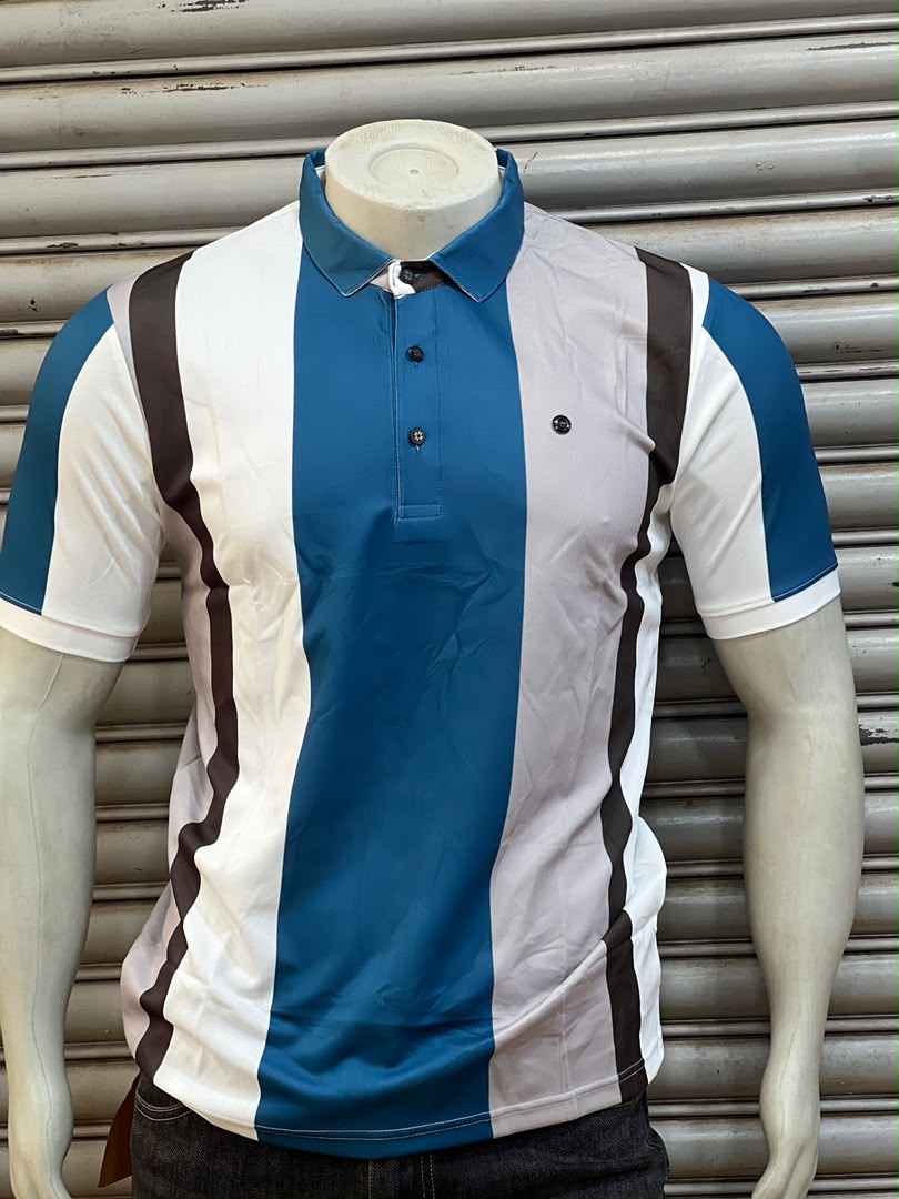 Men's Striped Polo Shirt - White with Teal stripe