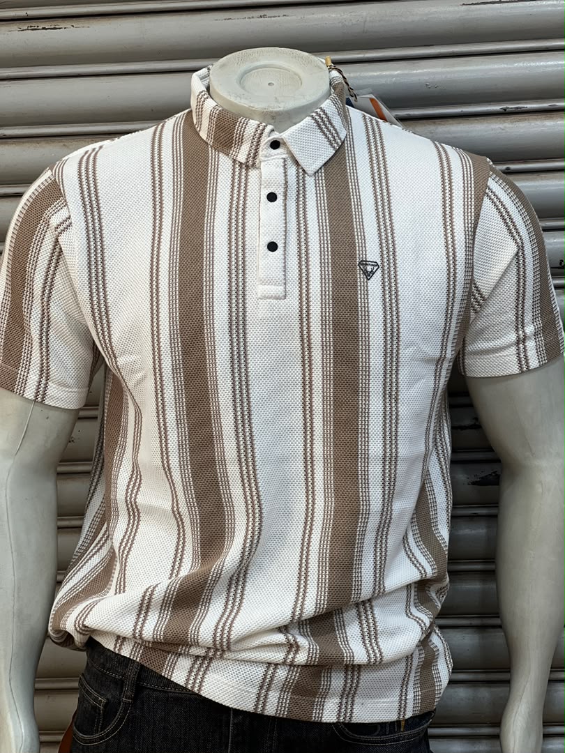 Men's Striped Polo Shirt - White with Brown stripe