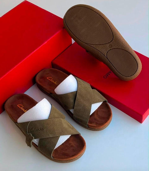 Clarks Cross-Strap Suede Slides Olive