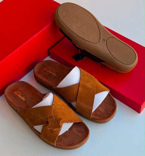 Clarks Cross-Strap Suede Slides Tan