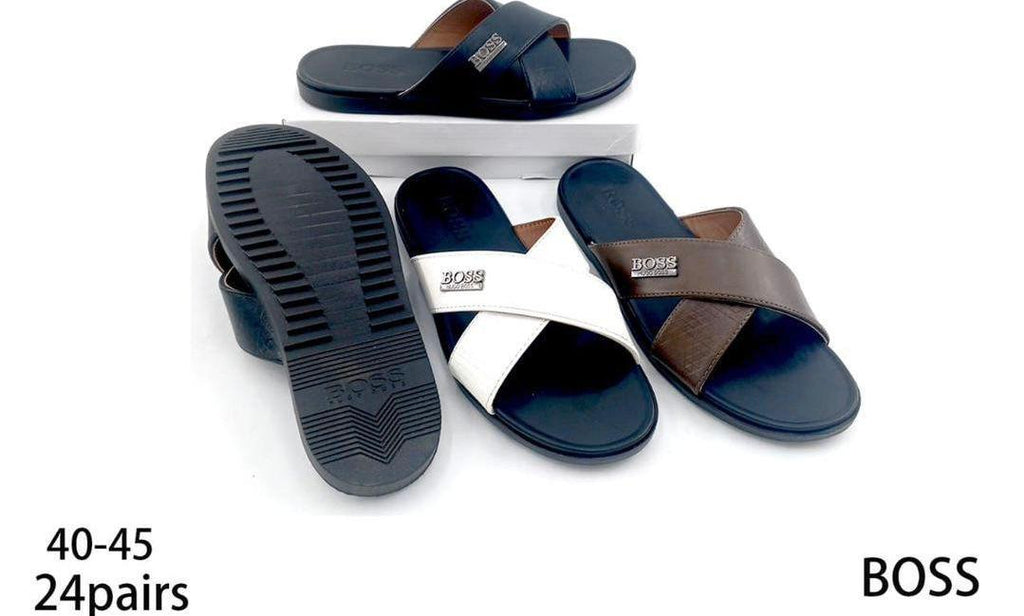Boss Cross-Strap Slides Navy White Brown