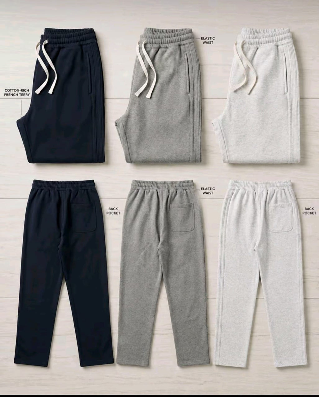 Sweatpants on rack — Grey, Beige, Charcoal, Black