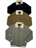 Sherpa collar bomber jackets in Black, Olive/Tan, and Grey laid flat