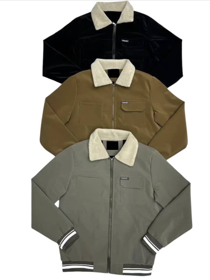 Sherpa collar bomber jackets in Black, Olive/Tan, and Grey laid flat