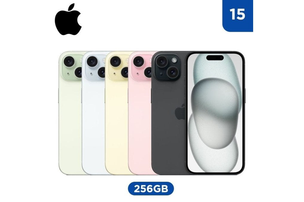 iPhone 15 256GB - All colors lineup: Green, Blue, Yellow, Pink, Black