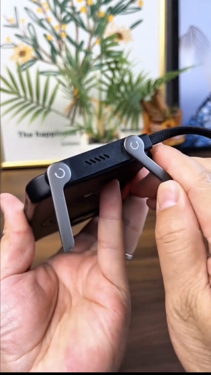 Built-in foldable stand mechanism close-up