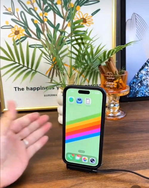 Phone standing upright using the built-in cable stand