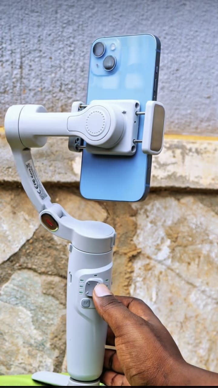 Gimbal stabilizer with blue iPhone - back view