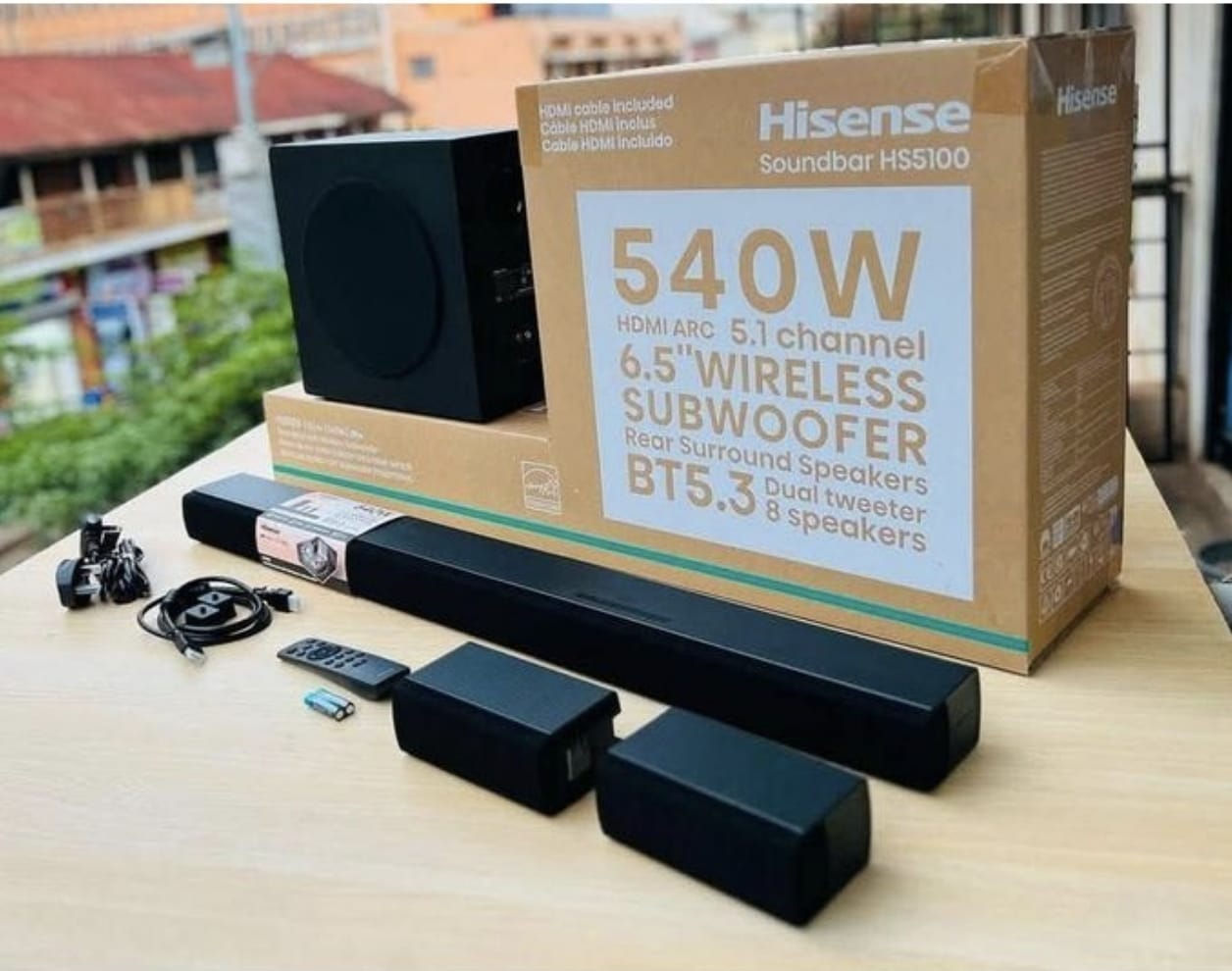 Hisense HS5100 540W 5.1 Channel Soundbar system with wireless subwoofer and rear speakers unboxed