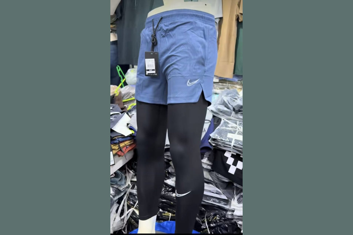 Men's Athletic Shorts & Leggings Set - Blue shorts with black compression leggings