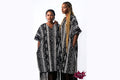 Liora Atelier Mudcloth Print Fringe Kaftan in black and white tribal pattern with fringe hem