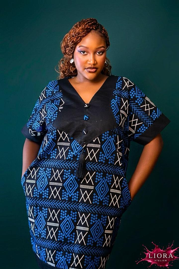 Liora Atelier Blue Ankara Geometric Shift Dress - Side View