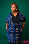Liora Atelier Blue Ankara Geometric Shift Dress - Front View