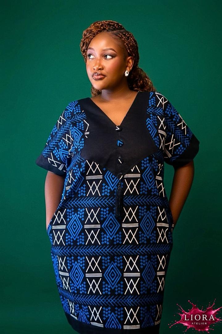 Liora Atelier Blue Ankara Geometric Shift Dress - Front View