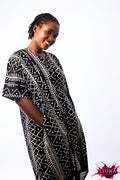 Liora Atelier Mudcloth Print Kaftan Dress in black and white tribal pattern