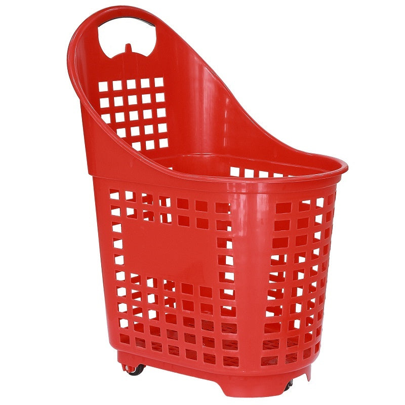 Red rolling shopping basket trolley - front open view