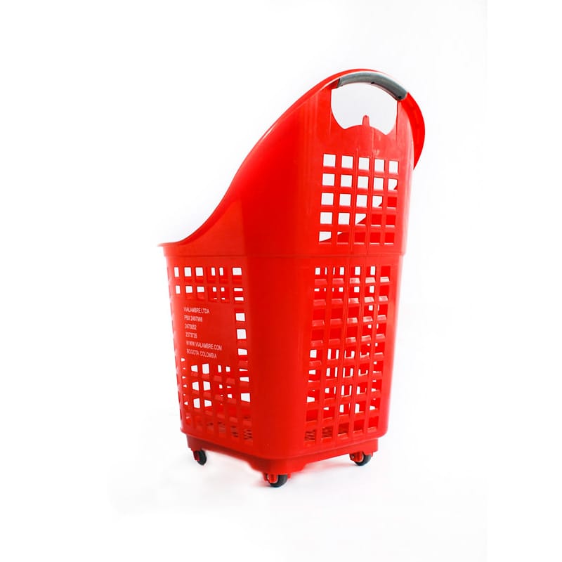 Red rolling shopping basket trolley - side view with wheels